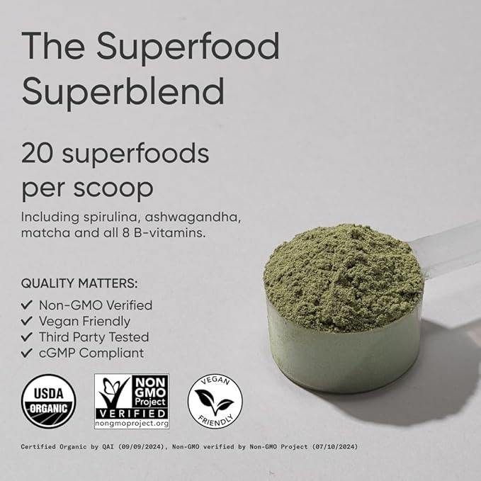 Sports Research® Organic Greens Superfood Powder w/Spirulina &amp Chlorella Adaptogens Enzymes Probiotics 8 VIT Bs D3 5000iu with Vitamin K2 100mg and Creatine Monohydrate