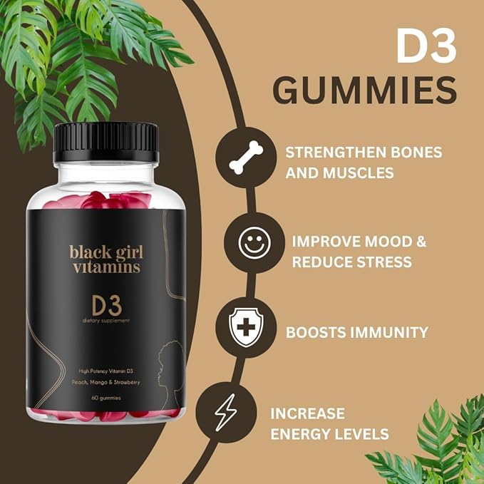 Black Girl Vitamins - Vitamin D3 Gummies for Immune Energy and Bone Support 2000IU (50mcg) Vitamin D per Serving Gluten-Free Vitamin D Gummies 60 Count (2-Pack)