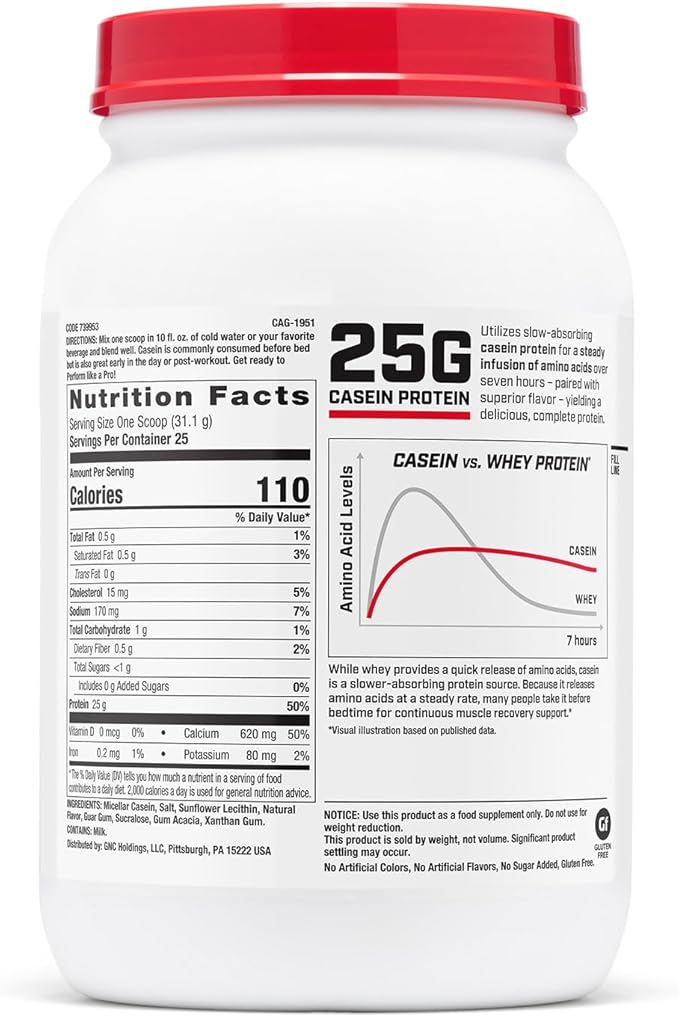 GNC Pro Performance 100% Casein Protein Powder 25g Protein Supports Sustained Muscle Strength Recovery Slow Digesting Gluten Free 3rd Party Tested Vanilla Cream 28 Servings