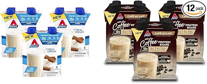 Atkins Creamy Cinnamon Swirl 15g Protein Shake 12 Count &amp Atkins Café au Lait 15g Protein Iced Coffee Shake 12 Count Bundle