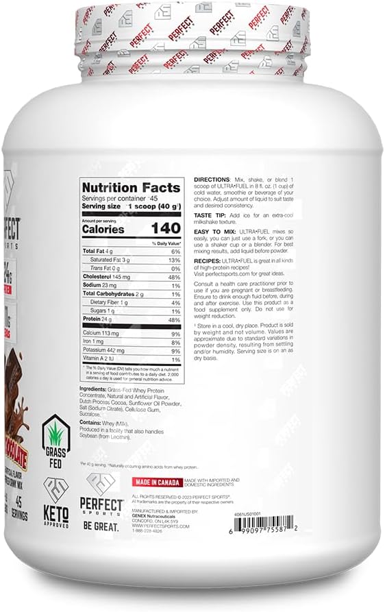 PERFECT SPORTS Ultra Fuel 100% Grass-Fed Wey Protein | No Artificial Colors Gluten Free Keto | Low Sugar | 11g EAAs 2g Carbs 24g Protein | 4 Pounds (Vanilla Ice Cream)