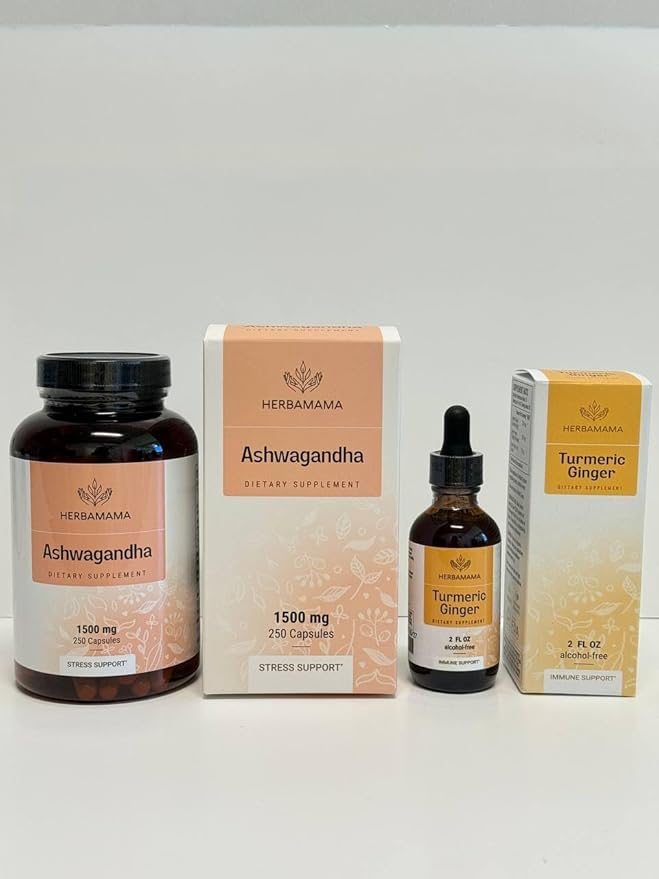 HERBAMAMA Ashwagandha and Turmeric Ginger Kit - Bundle of 1500 mg Ashwagandha Root Capsules &amp Turmeric Ginger Tincture 2 fl oz - Vegan Non-GMO Sugar &amp Alcohol-Free - 2 Pack