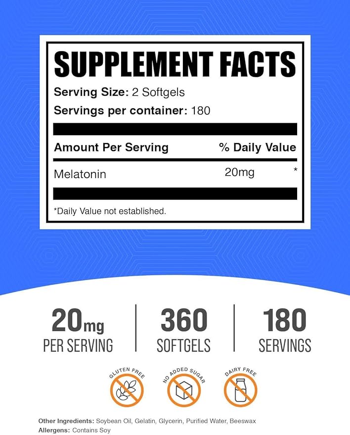 BulkSupplements.com Melatonin 20mg Softgels - 2 Softgels per Serving 360 Count (Pack of 1)