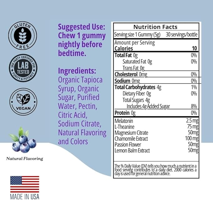 TWINE Sleep Gummies with Melatonin L-Theanine Magnesium Citrate Passionflower Chamomile and Lemon Balm 30pcs-Blueberry Flavor