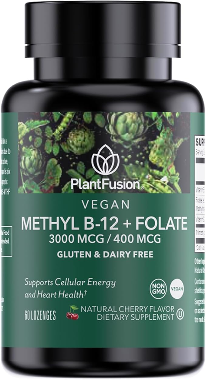 PlantFusion Vegan B12 Methyl 3000 mcg + Folate 400mcg - Sublingual Vitamins - Supports Energy Heart Health Nervous System - Cherry Flavor 60 High Potency Lozenges for Fast Absorption