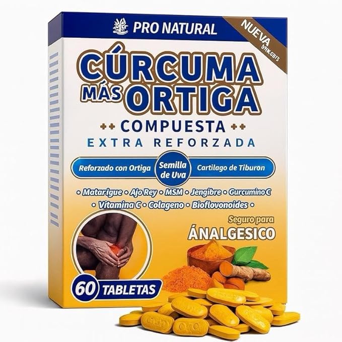 Cúrcuma Más Ortiga Extra Reforzada Turmeric and Nettle Compound with Grape Seed MSM Ginger and Vitamin C 60 Tablets