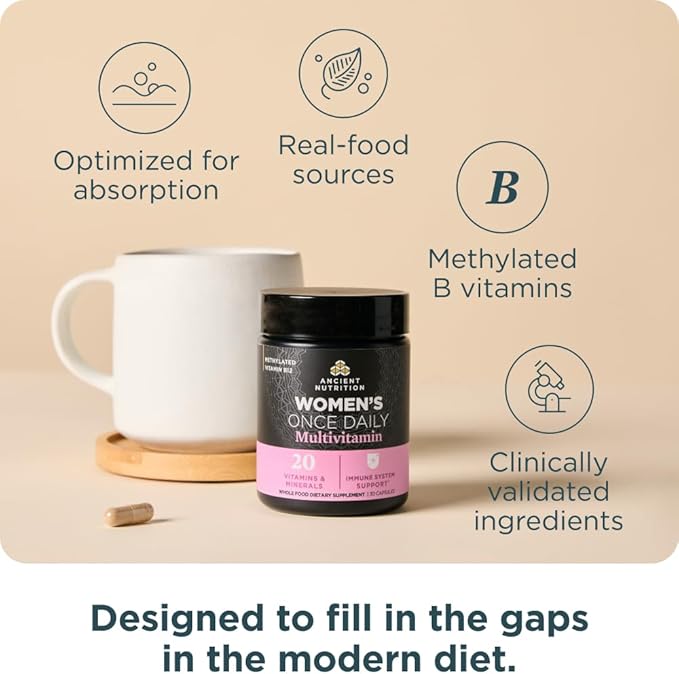 Ancient Nutrition Multivitamin for Women Women's Once Daily Supplement Methylated Vitamin B C K2 Magnesium Folate &amp Iron Supports Bone Health 30ct