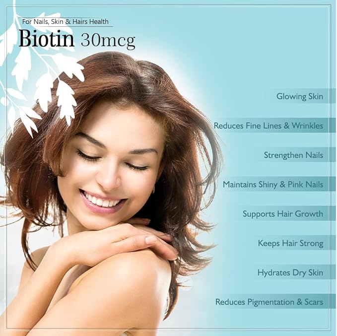 Biotin 30mcg Supplement for Hair Growth Strong Hair and Glowing Skin Fights Nail Brittleness 90 Tablets
