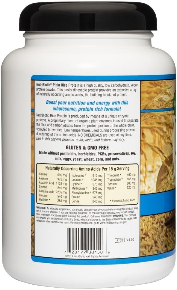 NutriBiotic – Plain Rice Protein 1 Lb 5 oz (600g) - Low Carb Keto-Friendly Vegan Raw Protein Powder - Grown &amp Processed Without Chemicals GMOs or Gluten - Easy to Digest &amp Nutrient-Rich