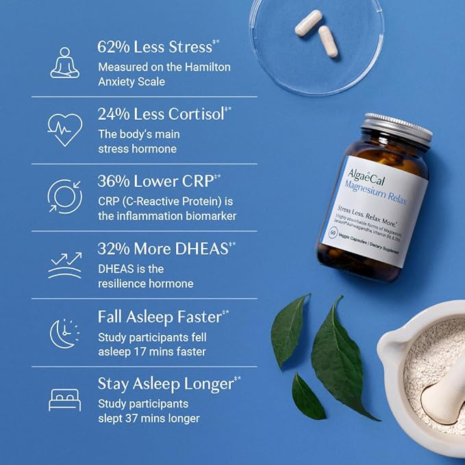 AlgaeCal Magnesium Relax™ - Chelated Magnesium with Ashwagandha for Sleep &amp Occasional Anxiety and Bone Builder Pack - Clinically Supported Plant Based Calcium Supplement for Bone Density Increase