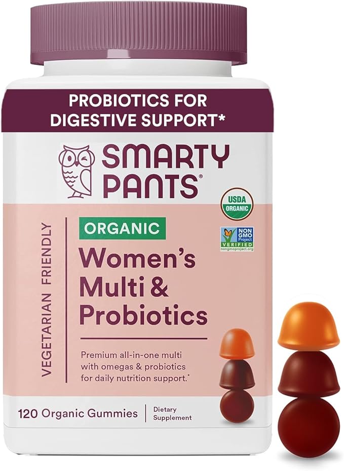 SmartyPants Organic Women's and Toddler Multivitamin Gummies with Probiotics Omega 3 Vitamins D3 B12 C A K Zinc and More Gluten Free 120 and 60 Count