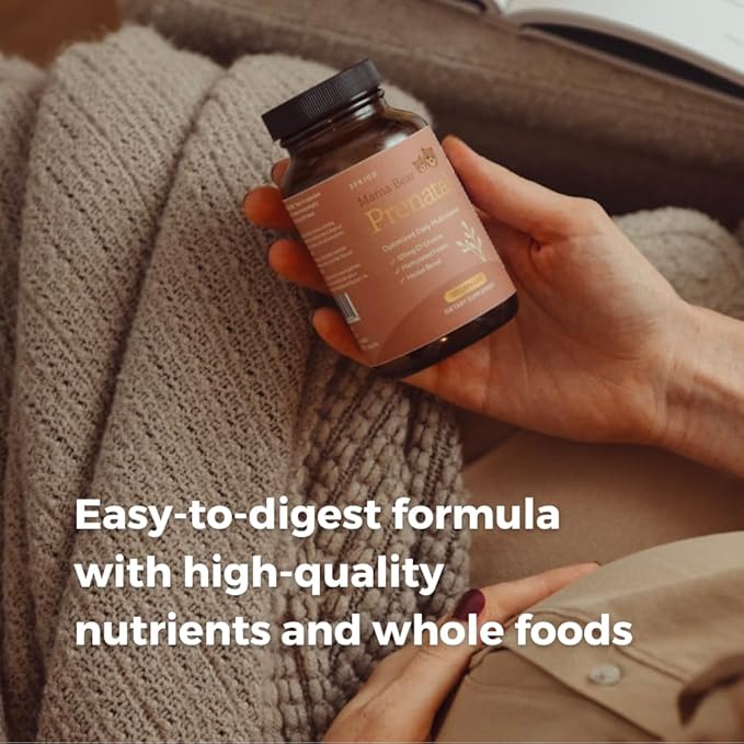 SPRIGS Mama Bear Prenatal Gold Multivitamin with Methylated Folate &amp Choline Easy to Digest Prenatal Vitamins for Women Clean Herbal Blend Pregnancy Support Supplement 120 Capsules