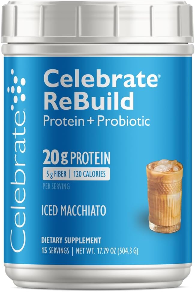 Celebrate Vitamins Rebuild Protein Powder with Probiotics &amp Prebiotics - 20g Whey Isolate Protein High Fiber for Post Bariatric Surgery Patients - Iced Macchiato (15 Servings)
