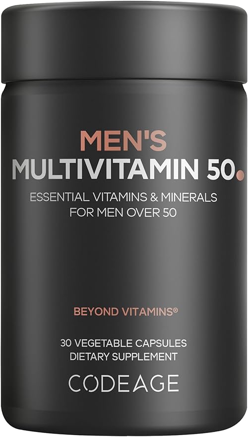 Codeage Men's Multivitamin 50 - Essential Vitamins &amp Minerals for Men Over 50 - Daily Multivitamins for Men Supplement - Vitamin A C D3 E B6 B1 CoQ10 Probiotics Lutein - Non-GMO - 30 Capsu