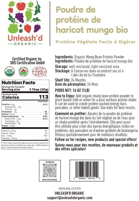 UNLEASH'D ORGANIC Organic Mung Bean Protein Powder 16 oz – 100% Pure Plant-Based Protein Rich in Vitamins Minerals &amp Fiber