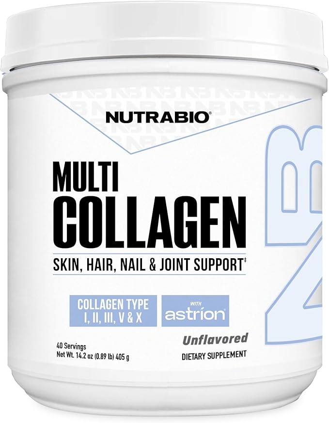 NutraBio Multi Collagen Powder - Hydrolyzed Collagen Peptides for Glowing Hair &amp Skin - Grass-Fed - Collagen Powder for Women and Men - 40 Servings- Unflavored