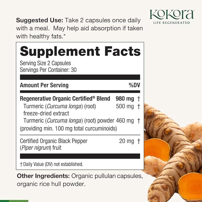 Regenerative Turmeric - Regenerative Organic Certified - Curcumin for Joint Health &amp Mobility Physical Discomfort- Containing Curcuminoids -Vegan Non-GMO - 60 Capsules - 30 Servings