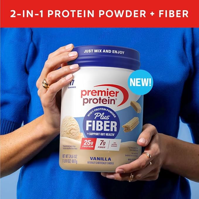 Premier Protein Powder Plus Fiber Vanilla 25g Protein 7g Fiber to Support Gut Health No Added Sugar (17 Servings)