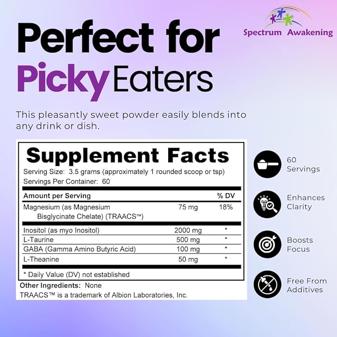 Spectrum Awakening Calm &amp Cool Supplement for Kids - Supports Focus Calm Sensory Balance with Magnesium Inositol L-Taurine GABA and L-Theanine - 60 Servings for Relaxed Centered Mind