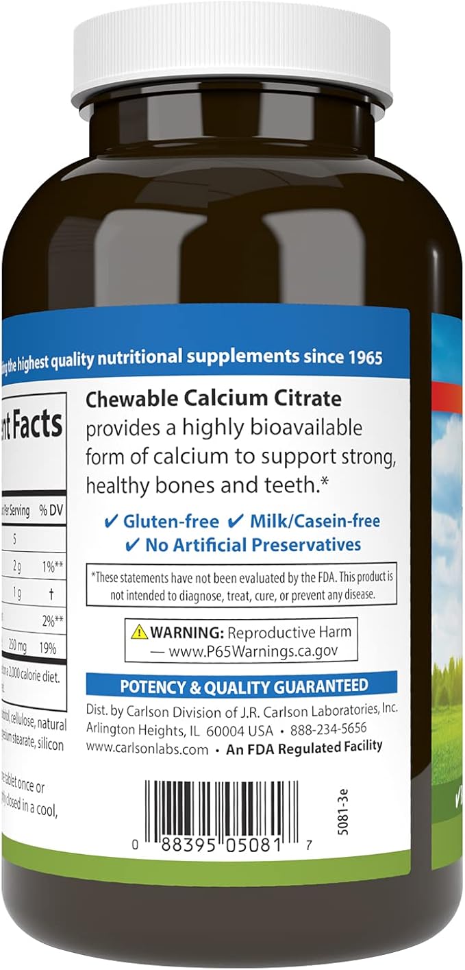 Carlson - Chewable Calcium Citrate 250 mg Highly Absorbable Bone Support Healthy Teeth &amp Optimal Wellness Natural Vanilla Flavor 120 Tablets