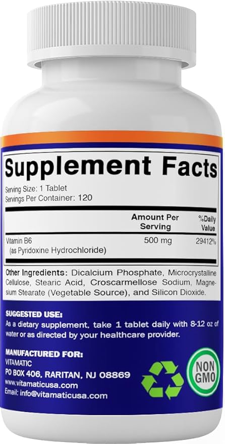 Vitamatic Vitamin B6 (Pyridoxine HCI) 500 mg – 120 Vegetarian Tablets - 2 Pack Promotes Energy Production Boosts Metabolism &amp Immune Health Support