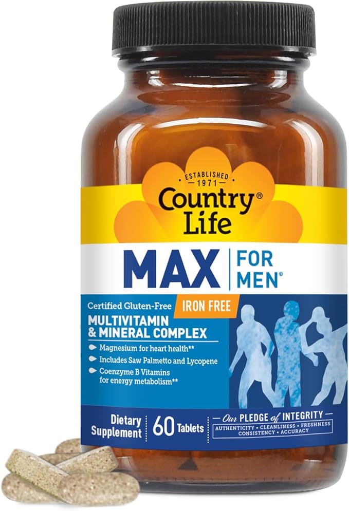 Country Life Max for Men Multivitamin &amp Mineral complex Iron-Free Vegetarian Tablets 60 Count Certified Gluten Free Certified Vegetarian