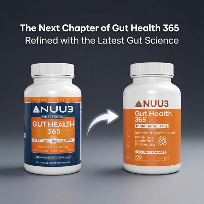 NUU3 Gut Health 365 - Digestive Enzymes &amp Probiotic Supplement for Women &amp Men - Bloating &amp Digestion Relief - Supports Gut Microbiome &amp Healthy Immune Function - 90 Capsules