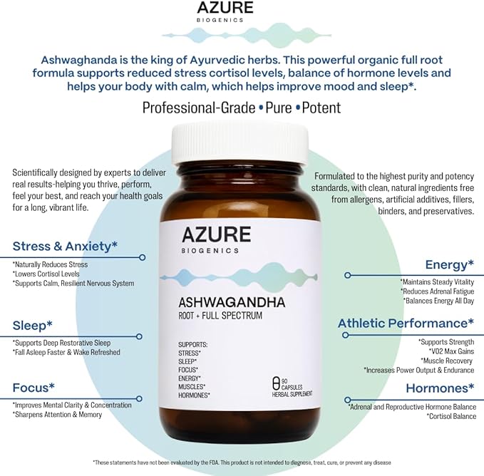 ORGANIC ASHWAGANDHA - Root + Full Spectrum Formula - Cortisol Reducer Supports Stress Sleep Focus Energy Muscles and Hormones* – Pure Vegan Non-GMO Gluten-Free Kosher 90 Caps