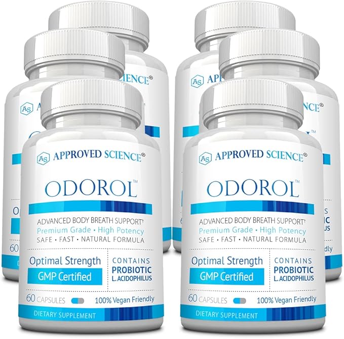 Approved Science Odorol - 6 Bottles - Freshen Bad Breath and Body Odor - Contains L.acidophilus Green Tea Magnolia Bark Peppermint Oil and Fennel - All Natural Vegan Friendly Non-GMO