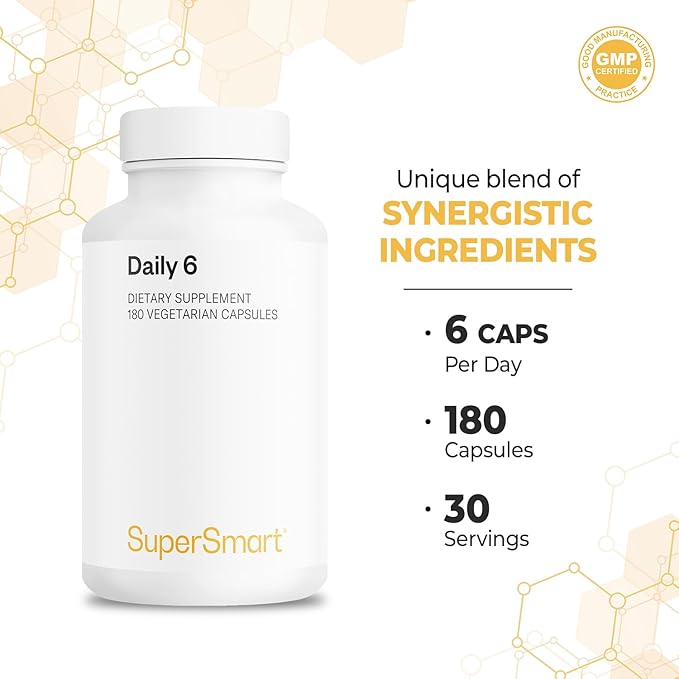 Supersmart - Daily 6 ® - Powerful Mutlivitamin Formula with 55 Ingredients (with PQQ Nicotinamide Riboside) - Support Healthy Cardiovascular System | Non-GMO &amp Gluten Free - 180 Vegetarian Capsul