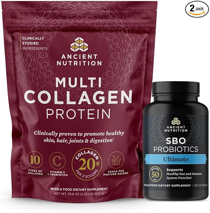 Ancient Nutrition Multi Collagen Protein Powder Unflavored 100 Servings + SBO Probiotics Ultimate 60 Capsules