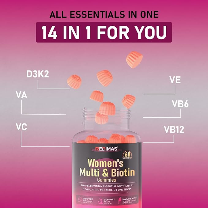 Multivitamin Gummies for Women Chewable Vitamin Blend with Vitamins A B C D E K2 and Biotin Fruity Adult Gummy Supplement Format for Daily Nutrition Routine 60 Count
