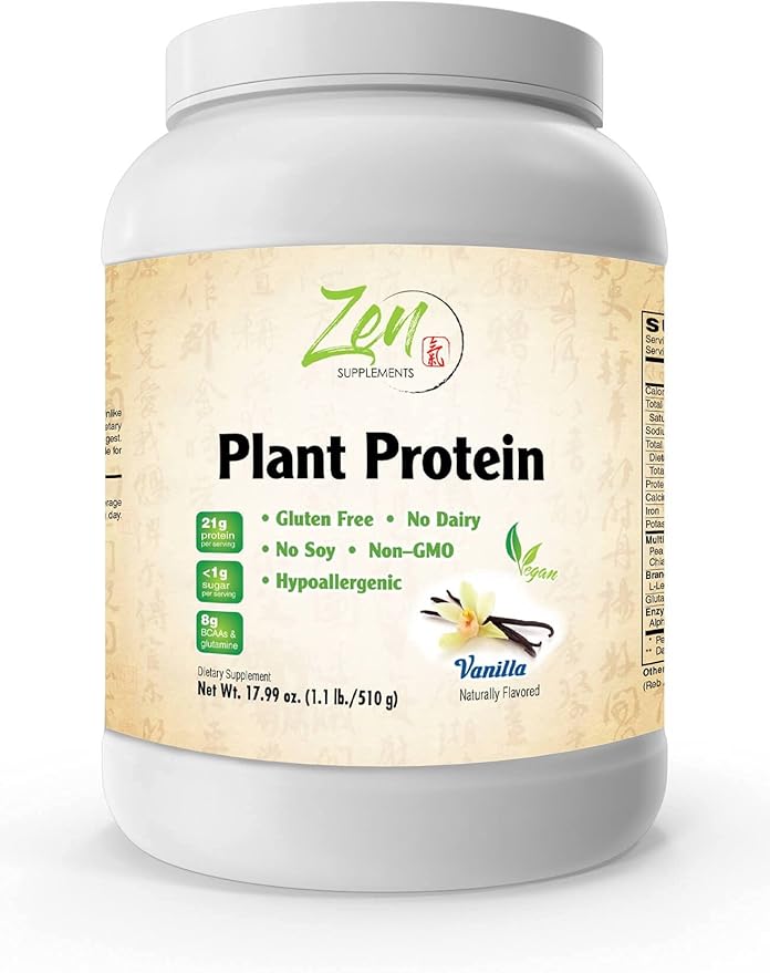 Zen Supplements - Plant Protein-Vanilla 510G 1.1LB-Powder- 25 Grams of Protein Per Serving -Vegan Low Net Carbs Non Dairy Gluten Free Lactose Free No Sugar Added Soy Free Kosher Non-GMO