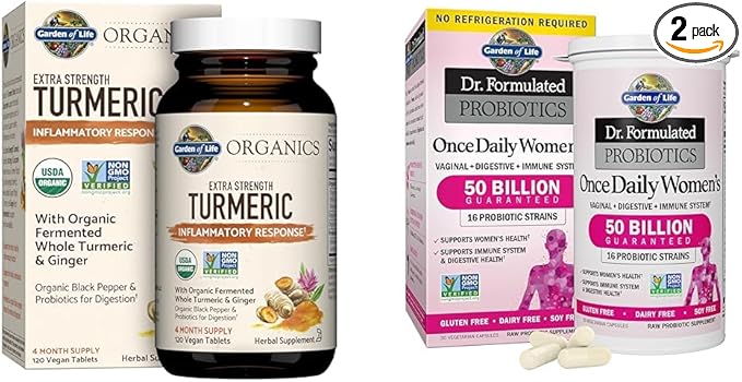 Garden of Life Organics Extra Strength Turmeric 120 Tablets (100Mg Curcumin) &amp Dr. Formulated Women's Probiotics 50 Billion 30 Capsules
