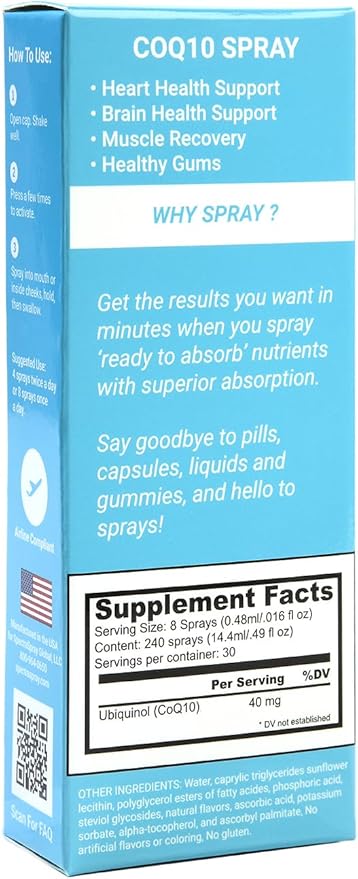 Spectraspray Vegan COQ10 Spray Supplement - Ubiquinol - Daily Vitamin Supplement for Adults 30 Day Supply per Spray