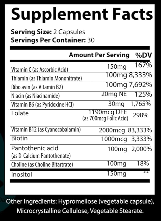 High-Potency B-12 Complex Capsules | Energy Boost Nerve Support Non-GMO &amp Allergen Free| Vitamin B12 Choline Pantothenic Acid | Supports Cellular Energy &amp Mental Clarity