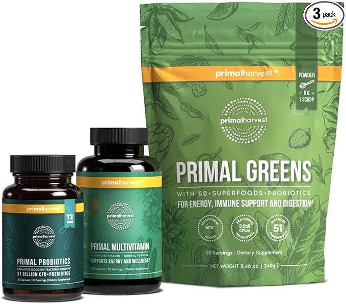 Primal Harvest Multivitamin Greens and Probiotics - Morning Essentials Pack for Daily Nutrition Energy and Gut Health - 3 Pack