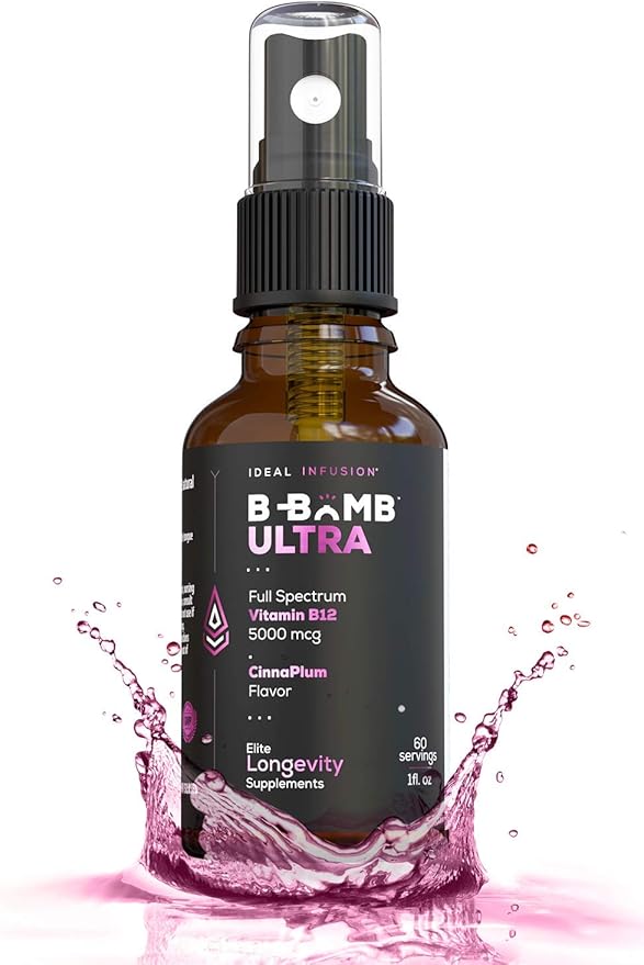 Ideal Infusion B-Bomb Triple B12 Vitamin Liquid Spray: Methylcobalamin Adenosylcobalamin Hydroxocobalamin - Nerve Health and Energy Booster- 5000 mcg Keto Sugar Free (Organic CinnaPlum)