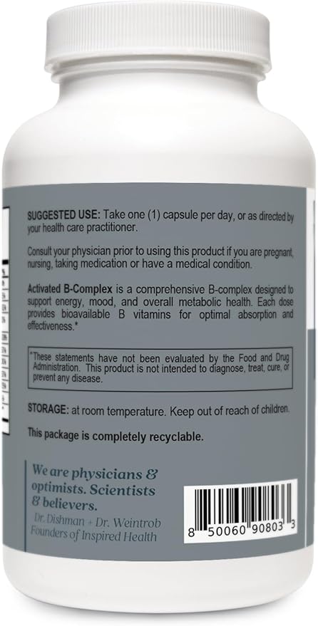LUMINSPIRED Health Activated Vitamin B Complex with Vitamin C &amp Biotin All Vitamin B Dietary Supplement for Immune Support Metabolism Antioxidant Mood &amp Energy Gluten Free Vegan - 90 Cou