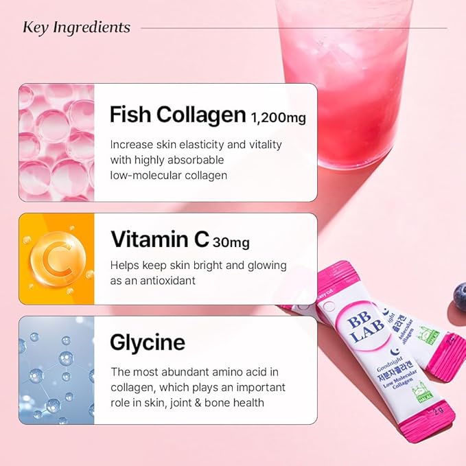 [30Days Collagen Care] Goodnight Collagen 30 Days Miracle Beauty Pack Powder Stick Korean Marine Collagen Fish Collagen for WomanVitamin C Fast Absorption Fruit Flavored Glutathione Elastin M