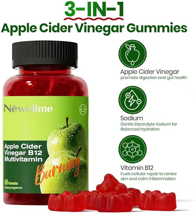 NEWELLME Sugar-Free Apple Cider Vinegar Gummies B12 MultivitaminACV Supplement Gummy VitaminsVegetarian Supplement for Women &amp MenNon GMOSupport Normal Energy Levels &amp Gut Health 120 Gummi
