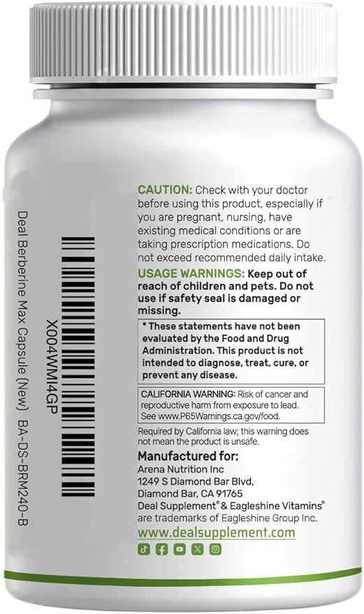DEAL SUPPLEMENT Berberine Max Supplement with Turmeric 5000mg Per Serving 240 Veggie Capsules – 97% Pure Berberine HCl – 20:1 Turmeric Root Extract – Vegetarian Friendly Non-GMO