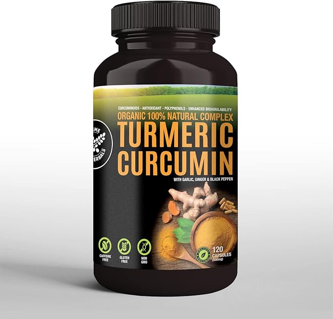 100% Raw and Organic Turmeric Curcumin Capsules. Certified Organic Gluten-Free Non-GMO and Caffeine-Free. Enhanced with Garlic Ginger and Black Pepper 500mg 120 Vegan Capsules