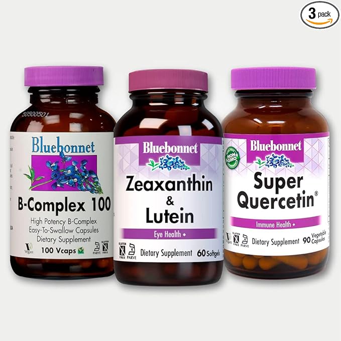 Bluebonnet Nutrition – B-Complex100 100 Capsules + Quercetin Vitamin C 90 Caps + Zeaxanthin Plus Lutein for The Vision 60 Softgels (3 Units Total)