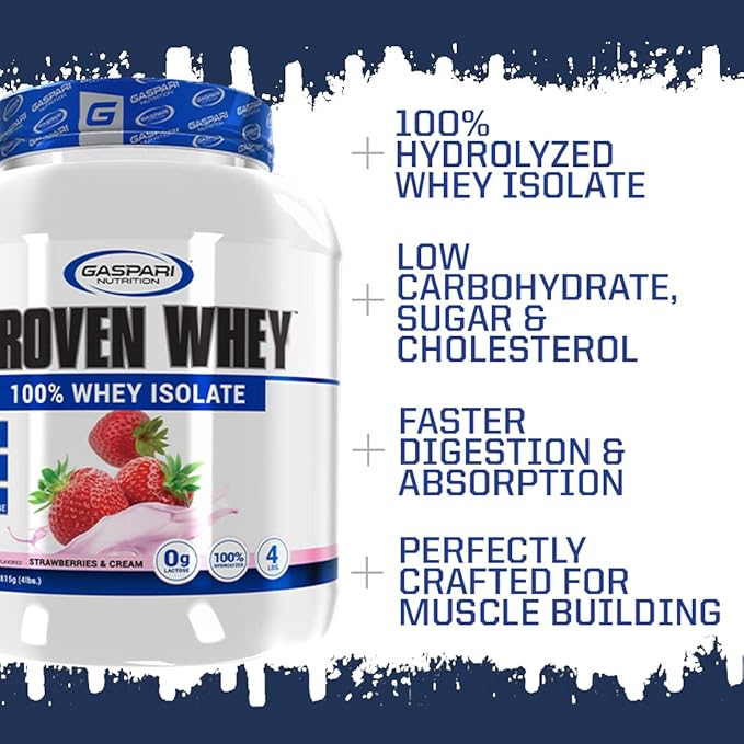 Gaspari Nutrition Proven Whey 100% Hydrolyzed Whey Isolate High Protein Lactose Free Low Carbohydrate and Low Sugar (4lb Strawberries &amp Cream)