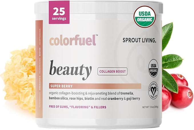 Sprout Living Colorfuel Beauty Powder Drink Mix Organic Superfoods + Adaptogens | Hair Skin &amp Nails Support Vegan Collagen Boost Biotin Silica Vitamin C Super Berry Flavor (25 Servings)