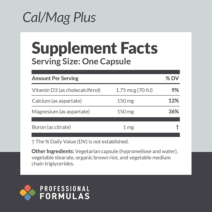 Professional Formulas Cal/Mag Plus – Calcium Magnesium Vitamin D3 &amp Boron – Highly Absorbable Mineral Complex for Healthy Bone Density Muscle Function &amp Nutrient Metabolism – 90 Capsules