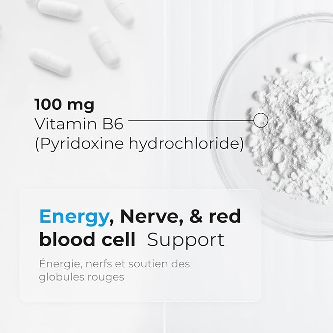 Vitamin B6 100 mg - Capsules B6 Pyridoxin - Supports Energy Production &amp Metabolism - 2 Months Supply Vitamin B6 Supplement Made in Canada Non-GMO Vegan (120 Count)