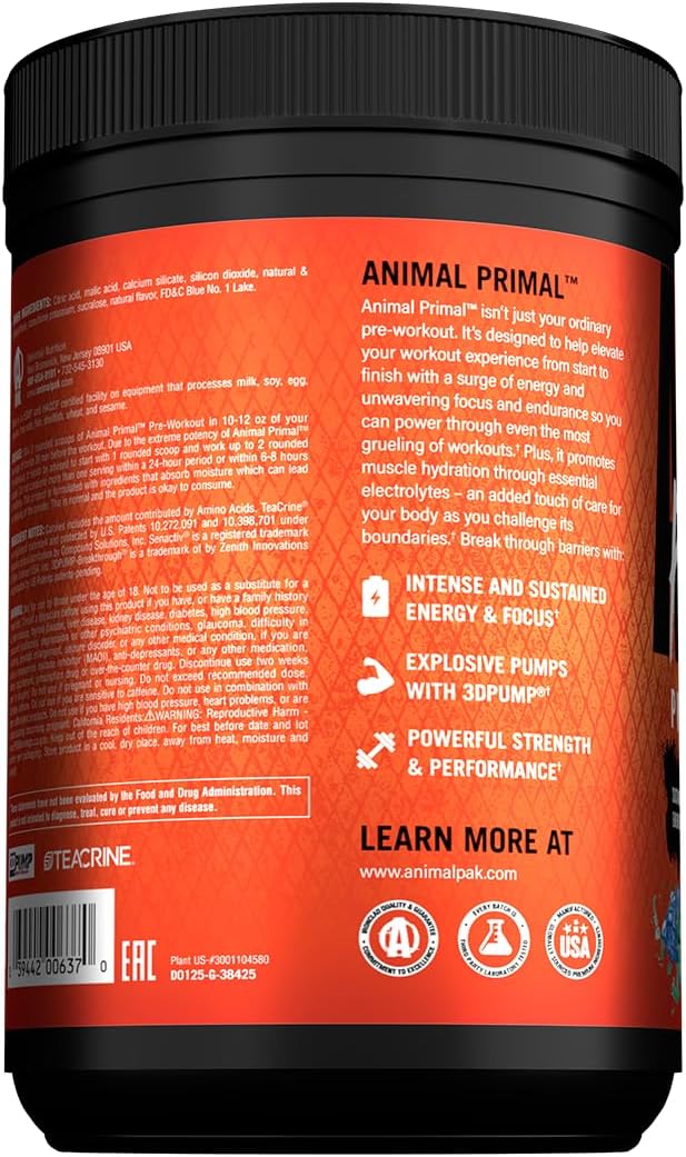 Animal Primal Muscle Hydration + Preworkout Powder – Contains Beta Alanine 3DPump Caffeine &amp Electrolytes – Improves Energy Focus Endurance &amp Absorption – New Candy Crush’d Flavor 17.8 oz