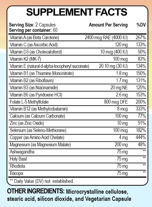 Raise Them Well Mom Multi+ Daily Multivitamin for Women with Active Folate Adaptogens &amp Bacopa Energy Stress &amp Cognitive Support 120 Veggie Capsules